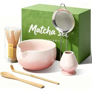 Matcha Whisk Set, Ceramic Matcha Set Includes Bowl & Holder,  Whisk (Chasen), Scoop, Spoon and Sifter, 6 count Matcha Kit Covers Everything Needed for Making Matcha ()