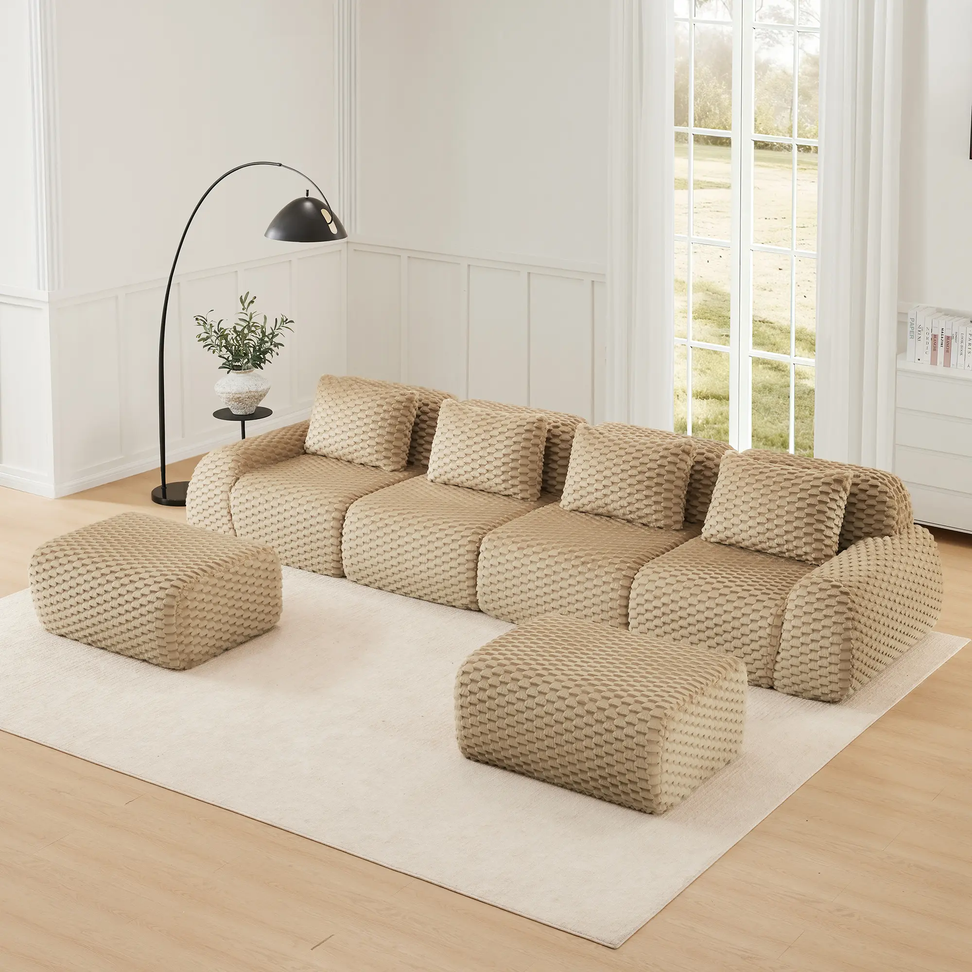 Eyisean 146" Flannelette Modular Boneless Compression Sofa - 32D High Density Foam Sponge 4-Seater Couch with Fixed Arms, 4 Pillows, No Assembly for Adult Living Room, Apartment Indoor Furniture
