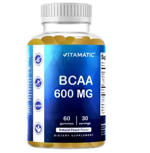 Vitamatic BCAA Gummies - Branch Chain Amino Acid Supplements - Peach Flavor - 600mg per Serving - 60 Vegan Pectin Based Gummies (1 Bottle)