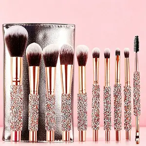 Luxury Rhinestone Inlaid 9Pcs Makeup Brush Set Soft Synthetic Bristles Full Face & Eye Makeup Tools With Portable Leather Storage Pouch For Daily Beauty Makeup Application