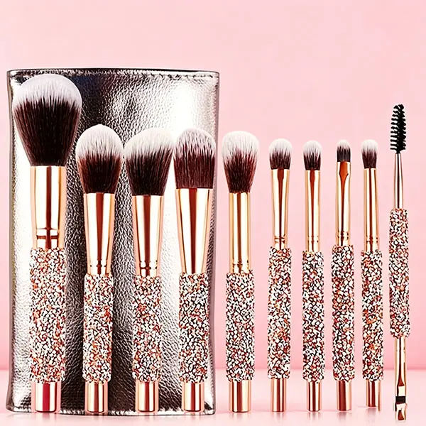 Luxury Rhinestone Inlaid 9Pcs Makeup Brush Set Soft Synthetic Bristles Full Face & Eye Makeup Tools With Portable Leather Storage Pouch For Daily Beauty Makeup Application