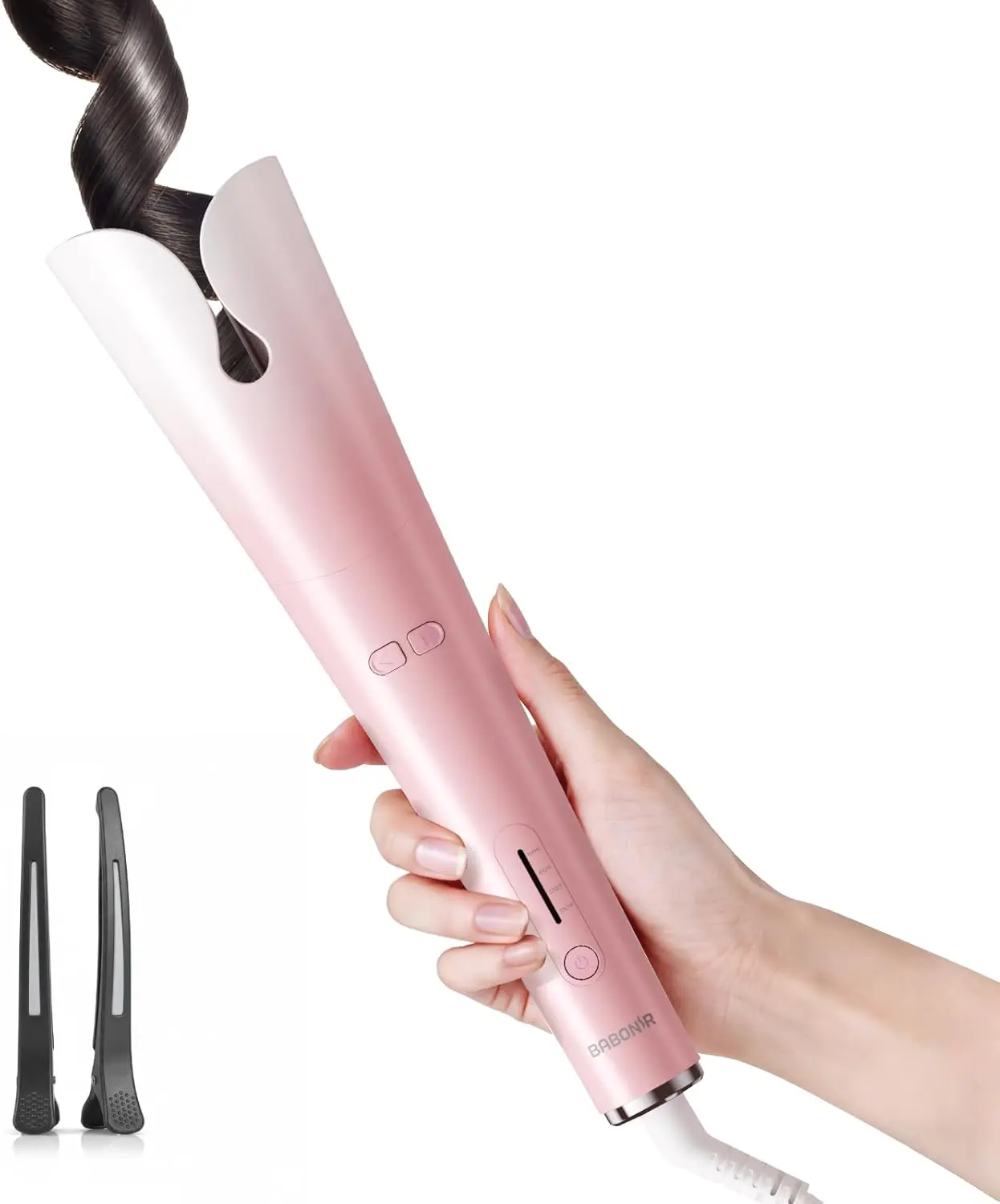 Automatic Curling Iron with 500 Million Ionic, BABONIR 1.25'' Ceramic Rotating Curling Wand with 3 Heat & 2-Way Rotation, Anti-Scald Lightweight Hair Curler, Dual Voltage for Travel, Pink
