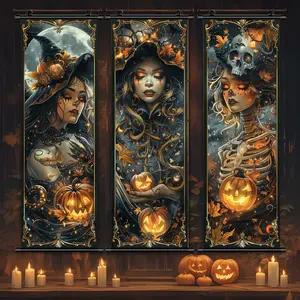 3 Counts Halloween Hanging Banner, Golden Witch And Pumpkin Halloween Posters, Halloween Mural And Decorative Posters, Fun Party Decorations, Horror Themes, Living Room, Bedroom, Home Posters, High Definition, Waterproof, Ideal Gifts