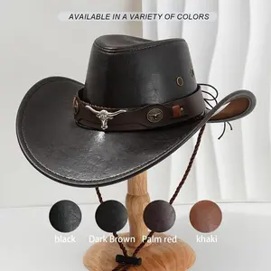 1pc Unisex Faux Leather Cowboy Hat with Wide Brim, Bull Metal Accent, Brown Belt Chain, Adjustable Chin Strap for Parties, Cosplay, Festivals