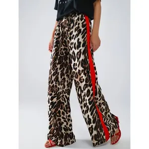Women’s Plus Size Leopard Print Wide-Leg Pants – Casual Loose Fit with Contrasting Stripes, Non-Stretchy Fabric, All-Season Comfort, Plus Size Pants