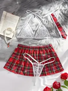 Women's Preppy Plaid Uniform Set & Sexy Lingerie, Floral Lace Bra & Thong, Cosplay Costume, Slim-Fit, 4 Piece Set, Feminine Underwear