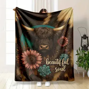 Highland Cow Flannel Blanket Beautiful Soul Floral Print Cozy Soft Warm Plush Throw Blanket for Sofa Bedroom Living Room Farmhouse Decor Gift for Friends Family Lounge Office tiktokshopspringglowup