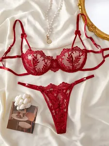 Women's Sexy Underwear Set Lingerie, Ultra-Thin Breathable Mesh Floral Embroidery Buckle Bra & Thong, Spring Summer Fashion