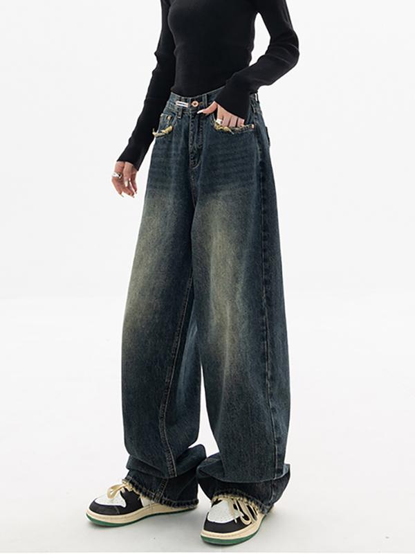 EMMIOL Women's Wide-Leg Loose Jeans, four-pocket design, zip fly, button closure, belt loops, relaxed fit - Women's Bottoms, Pants, Street Style, Comfortable