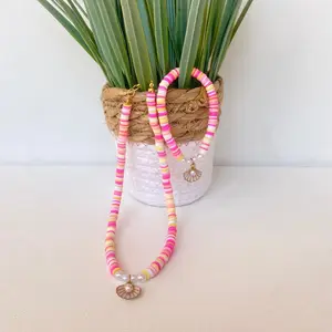 Tropic sunset necklace & bracelet set | Beaded bracelet | Beaded necklace | pearl beads | clay beads | seashell charm | Heishi Bead Bracelet