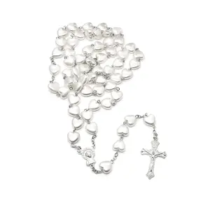 Crystal Wood Prayer Rosary Chain Crossed Christian Jewelry Gift for Women