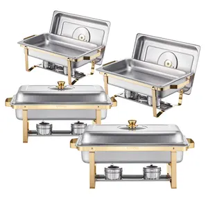 Stainless Steel Chafing Dish Buffet Set, 8 Qt 4-Pack Bakeware, Rectangle Catering Warmer Server with 4 Full-Size Pans, Glass Lids, Water Pans, Folding Stands & Fuel Holders for Weddings, Banquets