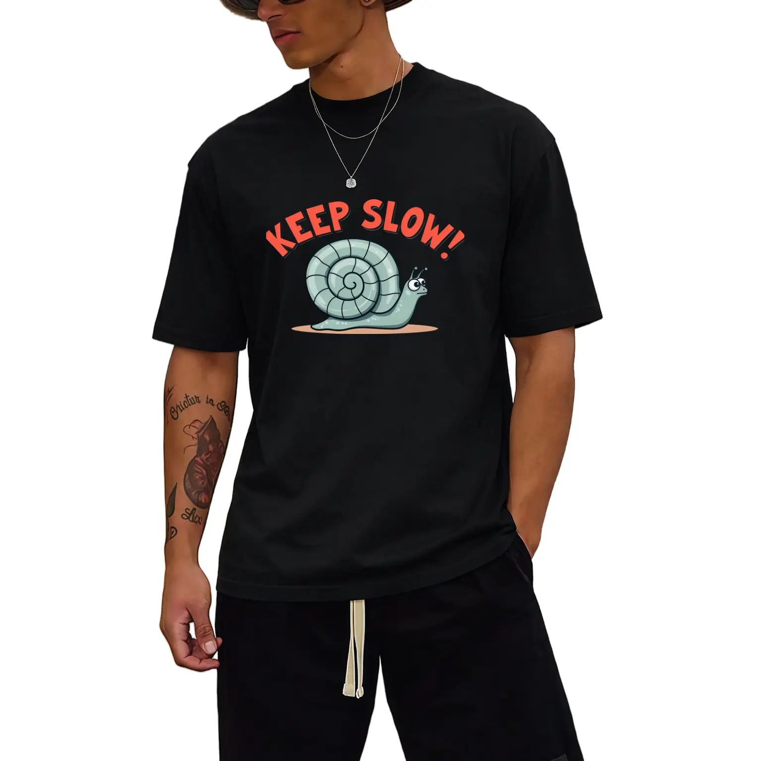 Cartoon Snail Keep Slow Design Men Round Neck T Shirt Loose Fit 100 Percent Pure Cotton Fashion Versatile Soft And Comfortable Fabric Suitable for Daily Wear And Festival Gifts Fun Animal Theme Summer And Spring Season Ideal Gift for Friends Menswear Prin