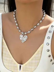 Silver Color Ball Chain Heart Pendant Necklace, Grunge Y2K Style Statement Jewelry, Trendy Accessory for Fashion Lovers