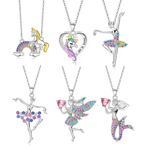 FINREZIO 6 Pcs Colorful Sweet Rainbow Unicorn Mermaid Fairy Necklaces for Women Men Sparkled Rhinestones Mermaid Ballet Dancer Pendant Necklaces Adorable Fairy Dainty Necklace Cute Unicorn for Birthday Gift