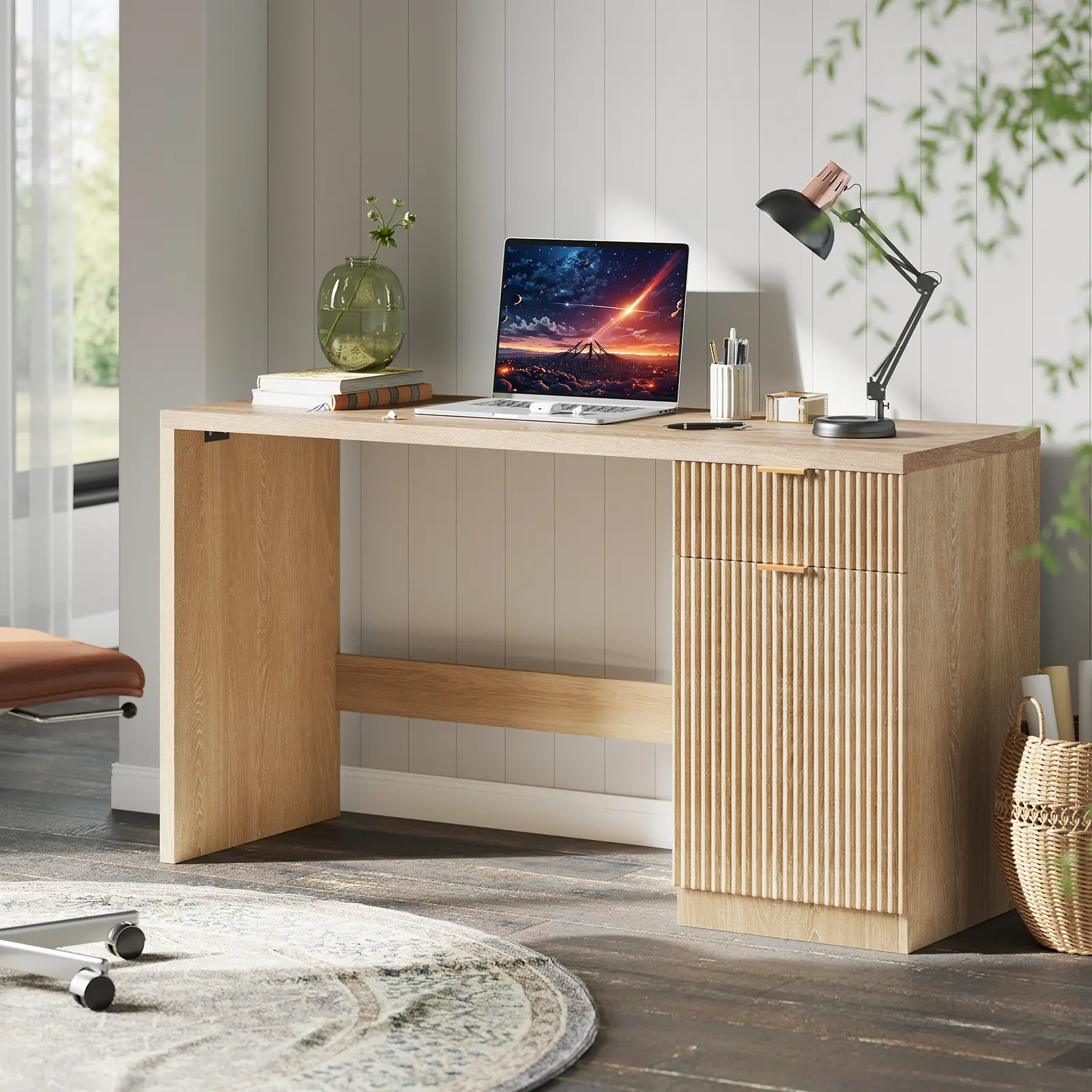 Modern Executive Wood Workstation - 152cm Wide Sturdy Computer Desk with Storage Drawer Platform & Cabinet - Home Office Desks for Commercial Office Use