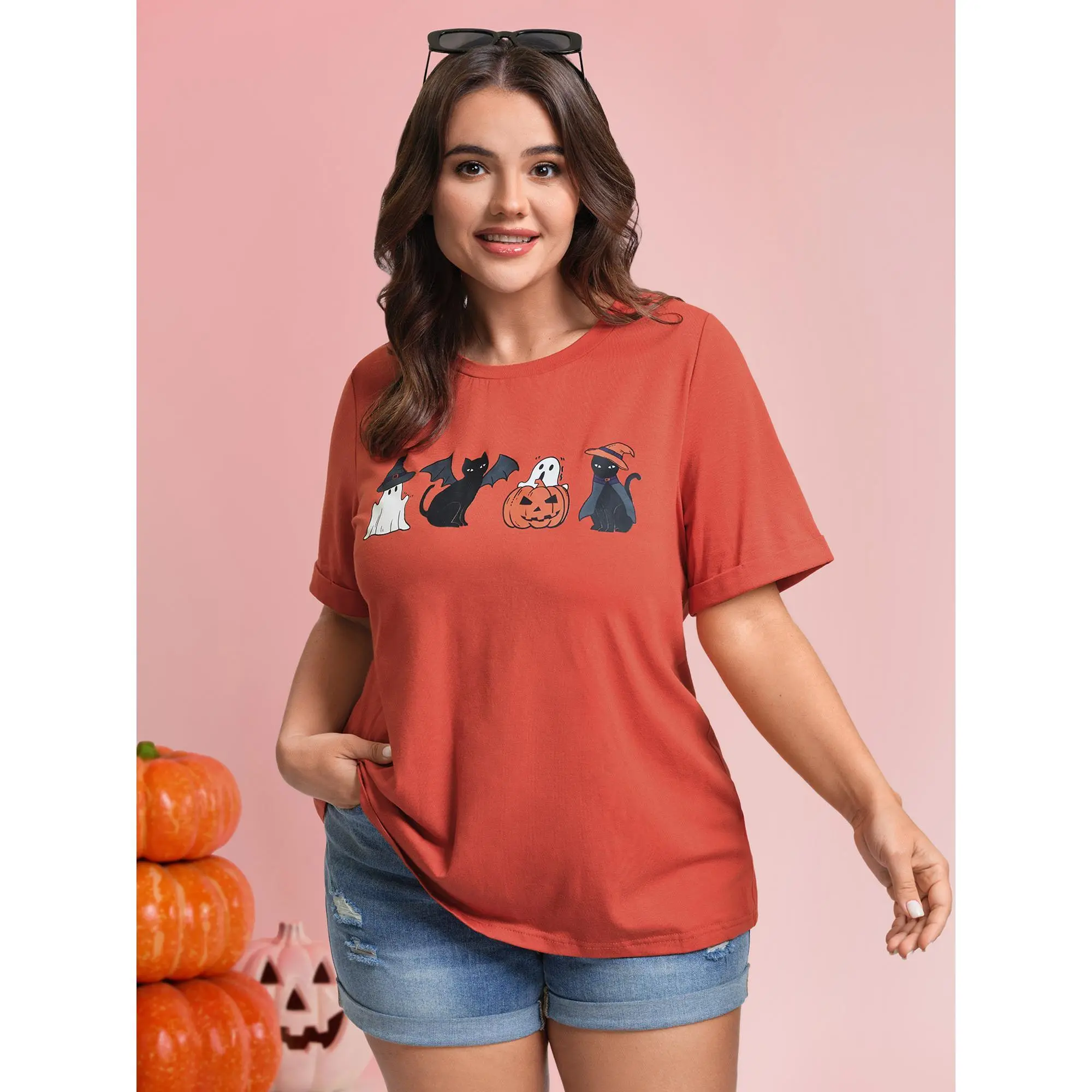 BloomChic Spooky Print Round Neck T-Shirt 【M-6XL】