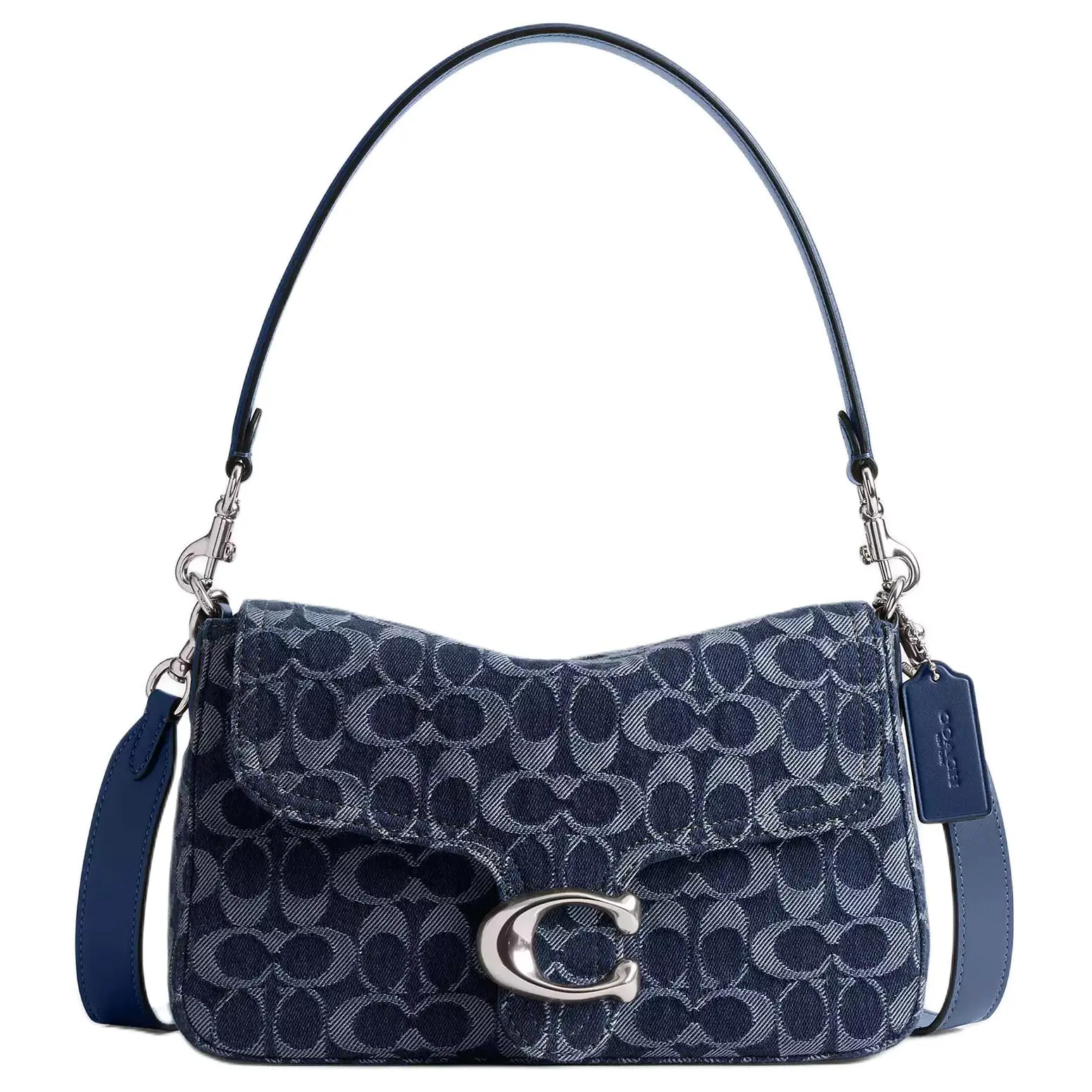 COACH Tabby 25 Medium Denim Shoulder Bag with Detachable Strap and Silver Logo Snap Closure for Women in Deep Blue