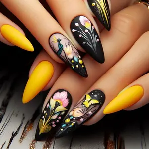 Flower & Peacock Pattern Fake Nails with Nail File & Tape, Removable False Nails for Women Girls Nail Art, Effortless Press on Nails Manicure Set, Nail Art Design
