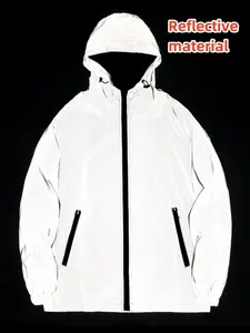 Men's Solid Reflective Zip Up Hooded Jacket, Casual Sporty  Long Sleeve Outerwear for Spring & Fall, Men's Sportswear for Outdoor Activities, Sport Outdoor Clothes