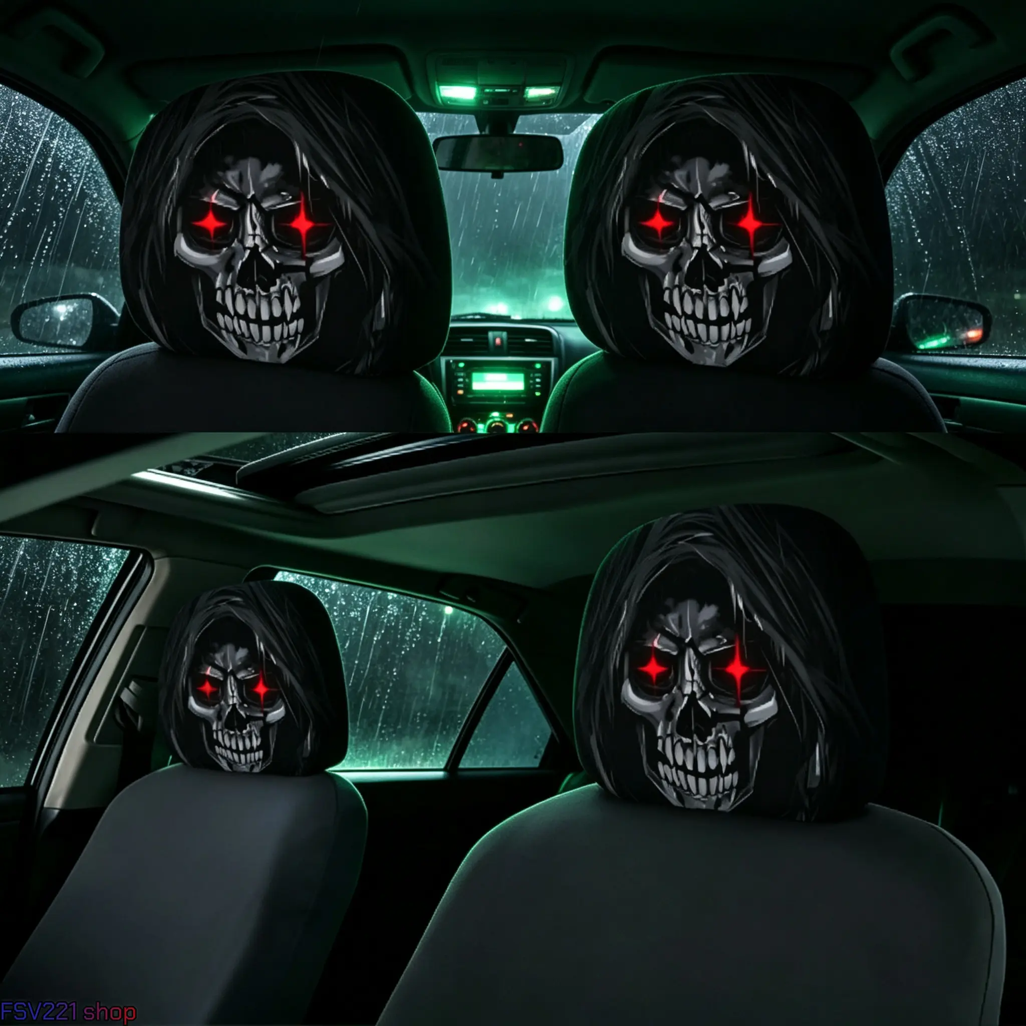 2-Pack Halloween Red-Eyed Grim Reaper Car Headrest Covers, Spooky Hooded Skull Print Auto Seat Protectors, Scary Prank Car Interior Decorations, Car Interior Accessories, Seat Covers For Cars campingessentials