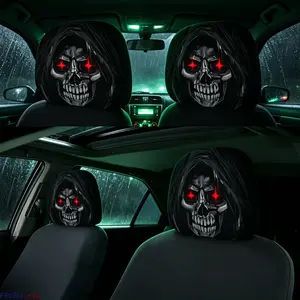 2-Pack Halloween Red-Eyed Grim Reaper Car Headrest Covers, Spooky Hooded Skull Print Auto Seat Protectors, Scary Prank Car Interior Decorations outdoorfun