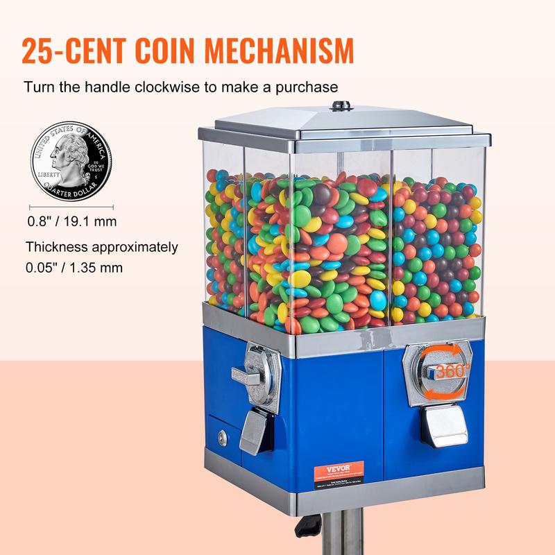 VEVOR Commercial Vending Machine,  , Four Compartment Rotatable Gumball and Candy Dispenser, Adjustable Height Coin Operated Candy Bank with Iron Stand, for Business Toy Capsules Bouncy Balls Nut, Blue