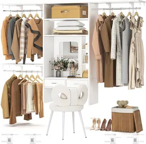 Unikito 8FT Wall Mounted Closet System with Vanity Desk, 96'' Walk In Closet Organizer System with 3 Adjustable Shelves and Hanging Rods, Heavy Duty Wood Clothes Rack, Built-In Garment Rack, White closet  organizer  system Furniture Drawer