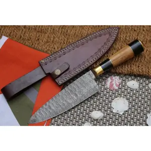 13" Handmade Santoku Damascus Chef Knife Buffalo Horn with Olive Wood Handle