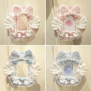 Cute Plush Lace Photo Card Holder, Angel Wings with Chain, DIY Anime Idol Collectible, Loli Lolita Cartoon Character Accessory, Polaroid 3 Inch Protector
