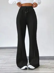 Women's Solid Drawstring Waist Flare Leg Pants, Casual Comfy Basic High Waist Bell Bottom Trousers for Fall & Winter, Women's Bottoms for Daily Wear, Casual Streetwear Pants