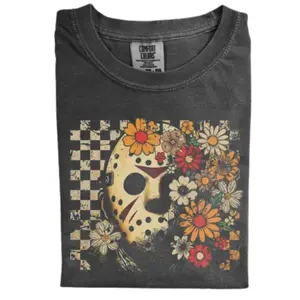 Comfort Colors JAson Mask Flowers T-shirt, Horror Movie Shirt, Friday the 13th Vintage Tee, Skull and Floral Aesthetic, Retro Halloween Shirt, Gift for Men Women, Crew Neck T-shirt, Trending T-shirt