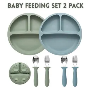 Baby Feeding Set 2 Pack – Silicone Divided Suction Plates with Spoons & Forks, BPA Free, Toddler Utensils for Baby Led Weaning Mealtime