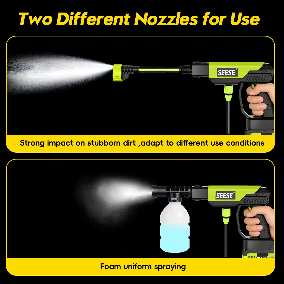 Cordless pressure washer with adjustable nozzle and foam bottle