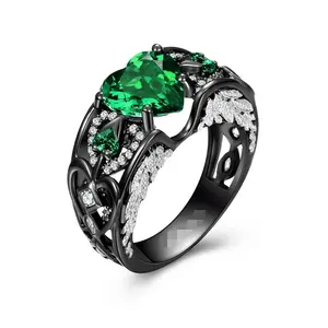 Heart Shaped Lab-created Emerald Black Gold 925 Silver Women Angel Wing Ri Women Engagement Wedding Ring Jewelry Drop shipping