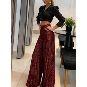 A women's wide-leg version is loose and elegant and inclusive with a good waist elastic design sequin wide-leg trousers, suitable for autumn and winter, suitable for dinner party style, fashionable red carpet style and other styles.