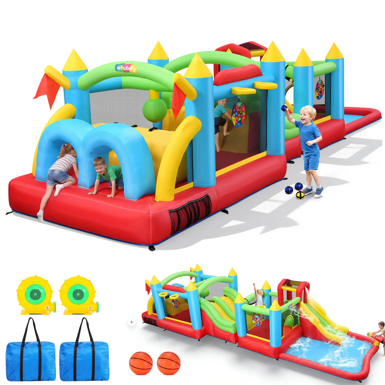AKEYDIY 2-in-1 Connectable Inflatable Bounce House, Wet & Dry Use, Dual Blowers, with Slide, Climbing Wall, Basketball Hoop, Boxing Ball, Water Gun, Indoor Outdoor, All Season Play, Perfect Gift for Kids Birthday & Summer Party, mothersdaygift