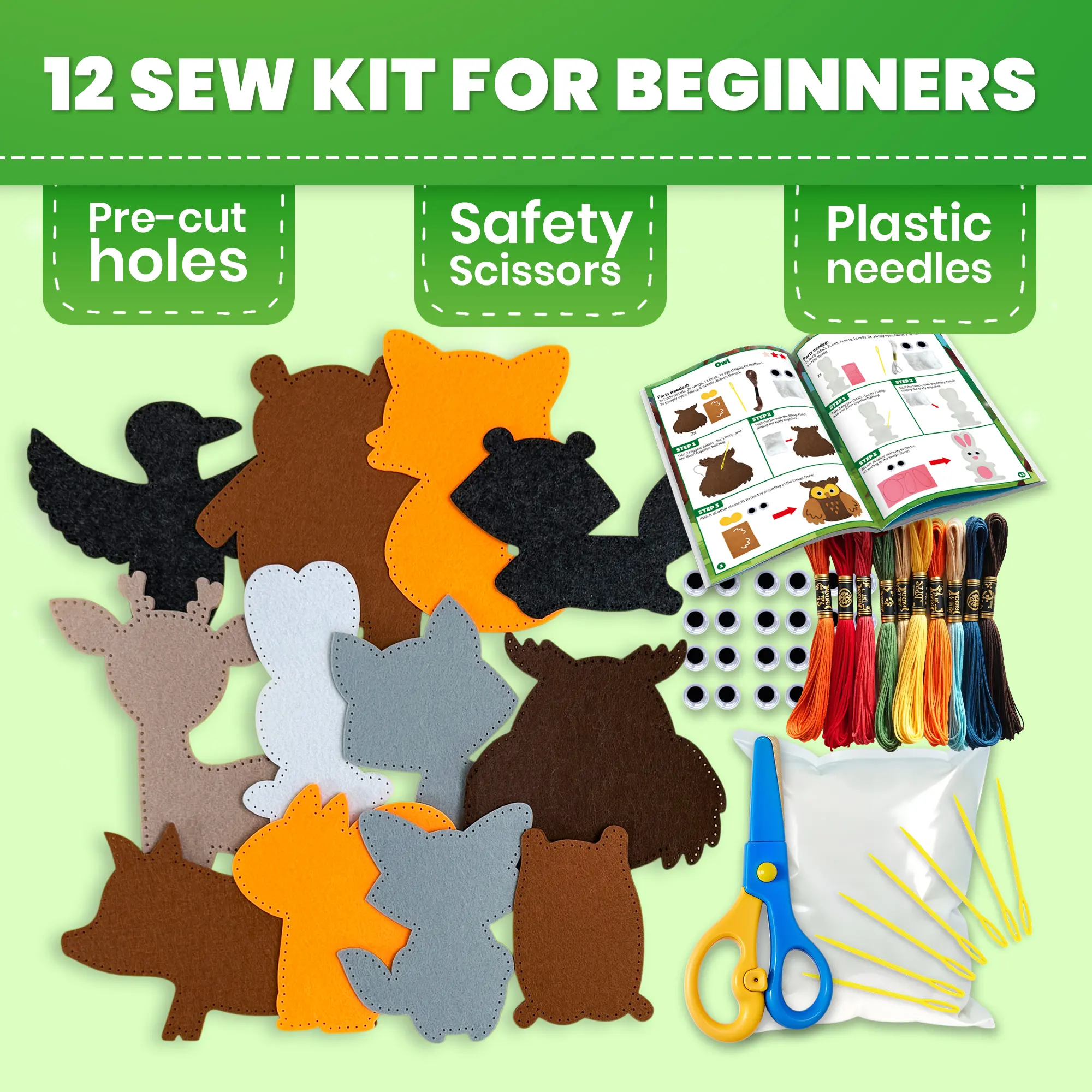 QUOKKA Forest Theme Felt Sewing Kit for Kids 7+ Years - 12-Piece Basic DIY Figurine-Making Set with Supplies, DIY Craft Kits for Sewing Supplies Crafts