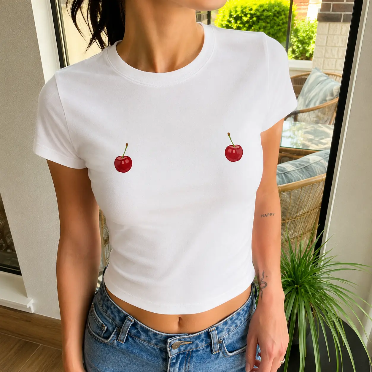 Cherry Baby Tee for Women, Cute Coquette Cherry Crop Top, Minimalist Y2K Graphic Fitted T-Shirt, Soft Girl Aesthetic Summer Tee