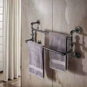 Vintage Industrial Wrought Iron Wall-Mounted Bathroom Shelf (635x315mm) - Rustic Pipe Organizer with Space Saving Hangers for Bath Towels, Washcloths