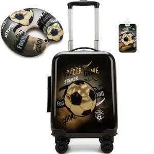 3-Piece Gold Soccer Hardshell Luggage Set | Black Football Travel Suitcase with Matching U-Shaped Neck Pillow & Luggage Tag | Aesthetic Spinner Wheels Carry-On for Boys