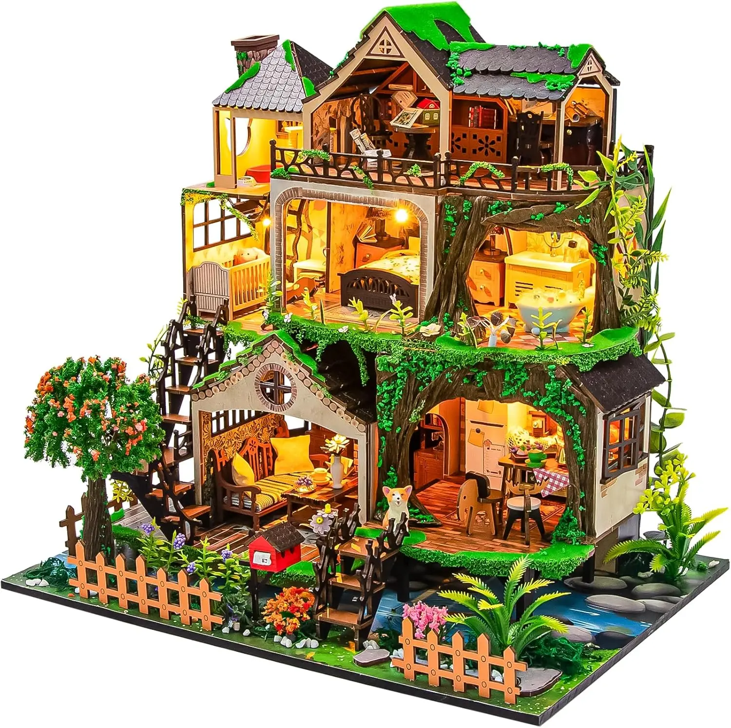 Spilay High-Quality 3-Story Miniature Dollhouse DIY Kit - 11.81x9.28x11.41in Modern Villa Model with Music Box, Fairy Tale Forest Theme, Colorful Box, Ideal Gift for Dollhouse Enthusiasts, Boosts Creative Ability, Perfect for House Decoration