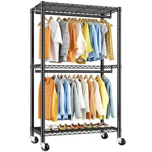 This rolling clothes rack features a heavy-duty metal construction with adjustable wire shelves and two hanging rods, providing ample space for hanging garments and storing folded items