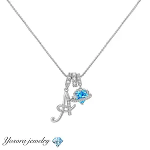 Initial A-Z Letter Necklace with Blue Heart Pendant Elegant Sweet Luxury Jewelry for Daily Wear