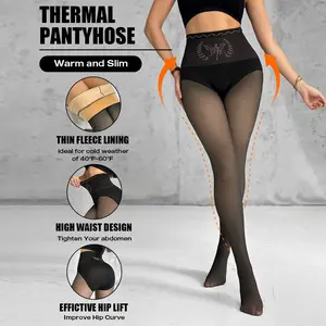 Women's Winter Thermal Pantyhose High Waist Tummy Control Butt Lifting Fleece Lined Transparent Leggings with Elasticity for Cold Days Strap Style Thick Womenswear Basic Fit Minimalist Translucent Black