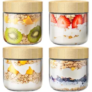 4 Pack 10oz Overnight Oats Containers with Bamboo Lids, Airtight Glass Jars for Meal Prep, Wide Mouth Mason Salad Jars, Glass Food Storage Containers for Yogurt Chia Snacks Spice Sugar
