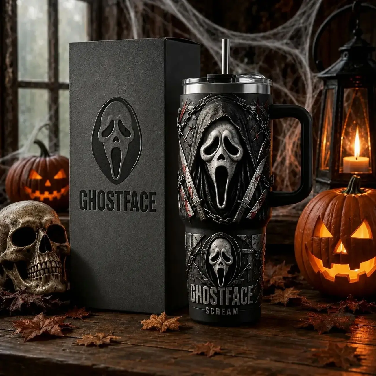 OceanSip4U Ghostface Scream 40oz Stainless Steel Tumbler with Handle, Vacuum Insulated Travel Mug, Horror Movie Slasher Cup, Leak-Resistant Halloween Tumbler, Spooky Gift for Horror Fans