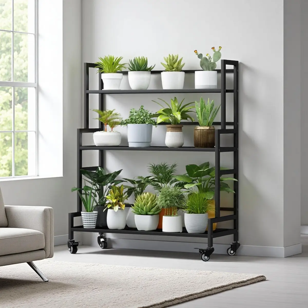 Plant Stand Indoor 3 Tier Metal Outdoor Tiered Stands Shelf With wheel for Multiple Plants Potted Ladder Plant Holder Table Plant Pot Stand for Window Garden Balcony Living Room