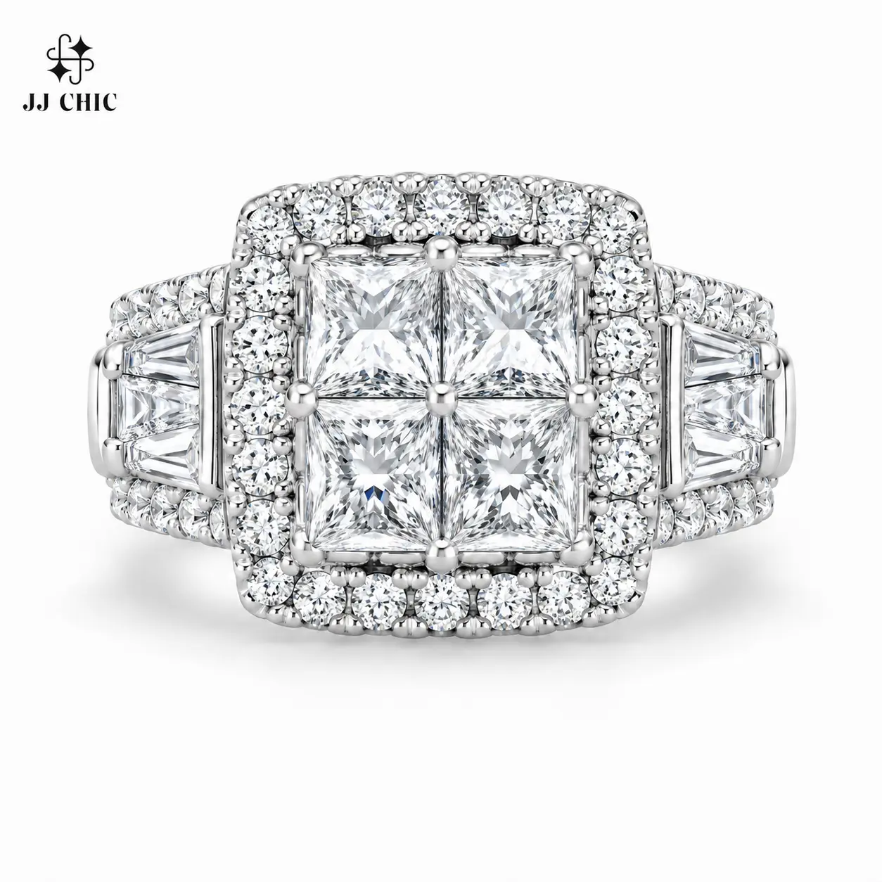 JJ CHIC Women’s Quad Princess Cut CZ Ring, Square Halo Statement Jewelry, Baguette Accent Pavé Band, Elegant Wedding Promise Gift for Her