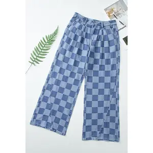 Dusk Blue Checkered Denim Wide Leg Jeans